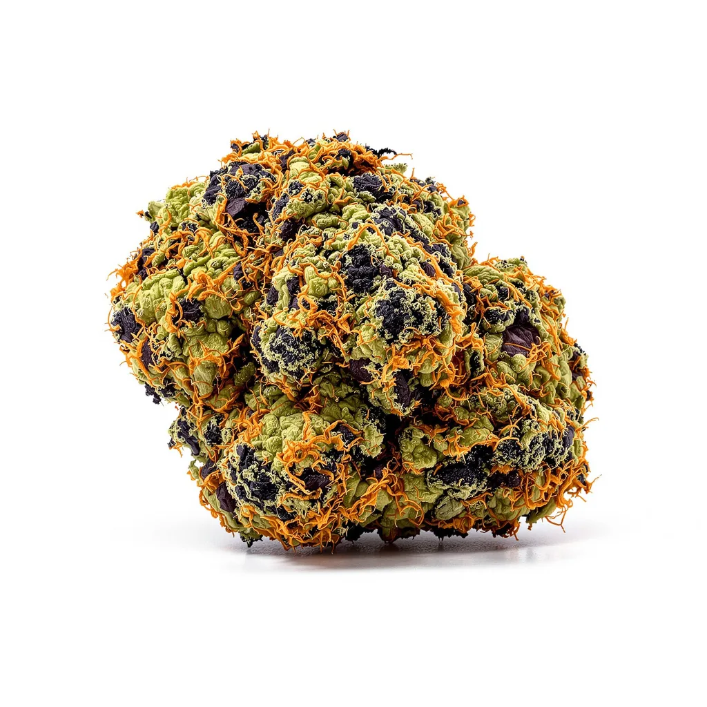 Raisinberry 87% indica / 13% sativa — fleur avec trichomes visibles
