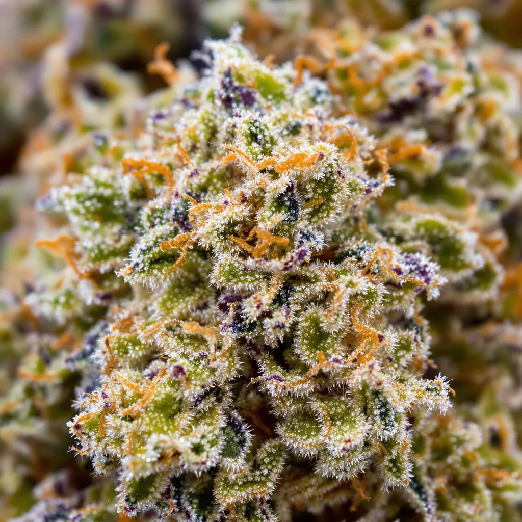 Gros plan de fleur de cannabis Rare Dankness #1 montrant structure équilibrée avec trichomes givrés