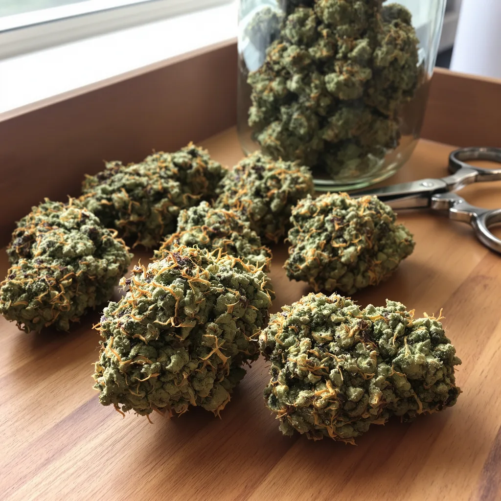 Raskal OG 40% indica / 60% sativa — fleur avec trichomes visibles