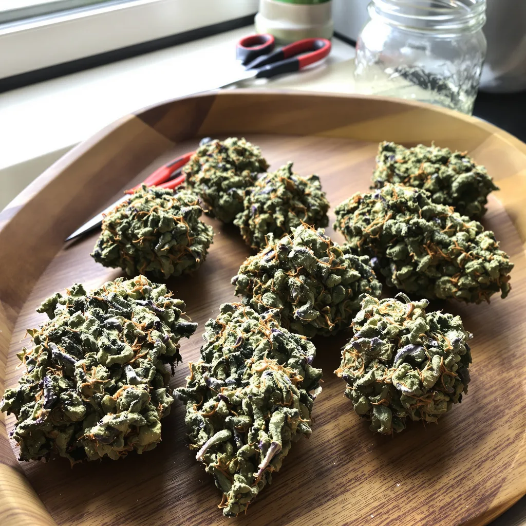 Raspberry Cough 25% indica / 65% sativa — fleur avec trichomes visibles