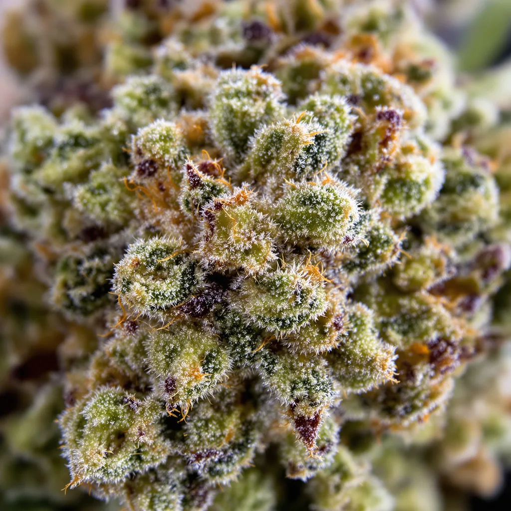 Gros plan de fleur de cannabis Raspberry Cough montrant structure ouverte avec pistils orangés