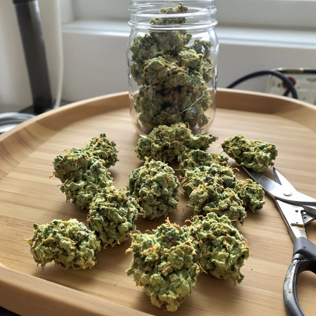 Raspberry Cough Kush 21% indica / 79% sativa — fleur avec trichomes visibles