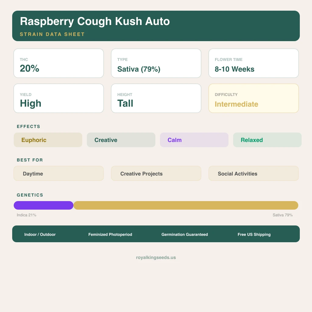 Raspberry Cough Kush 21% indica / 79% sativa — fleur avec trichomes visibles