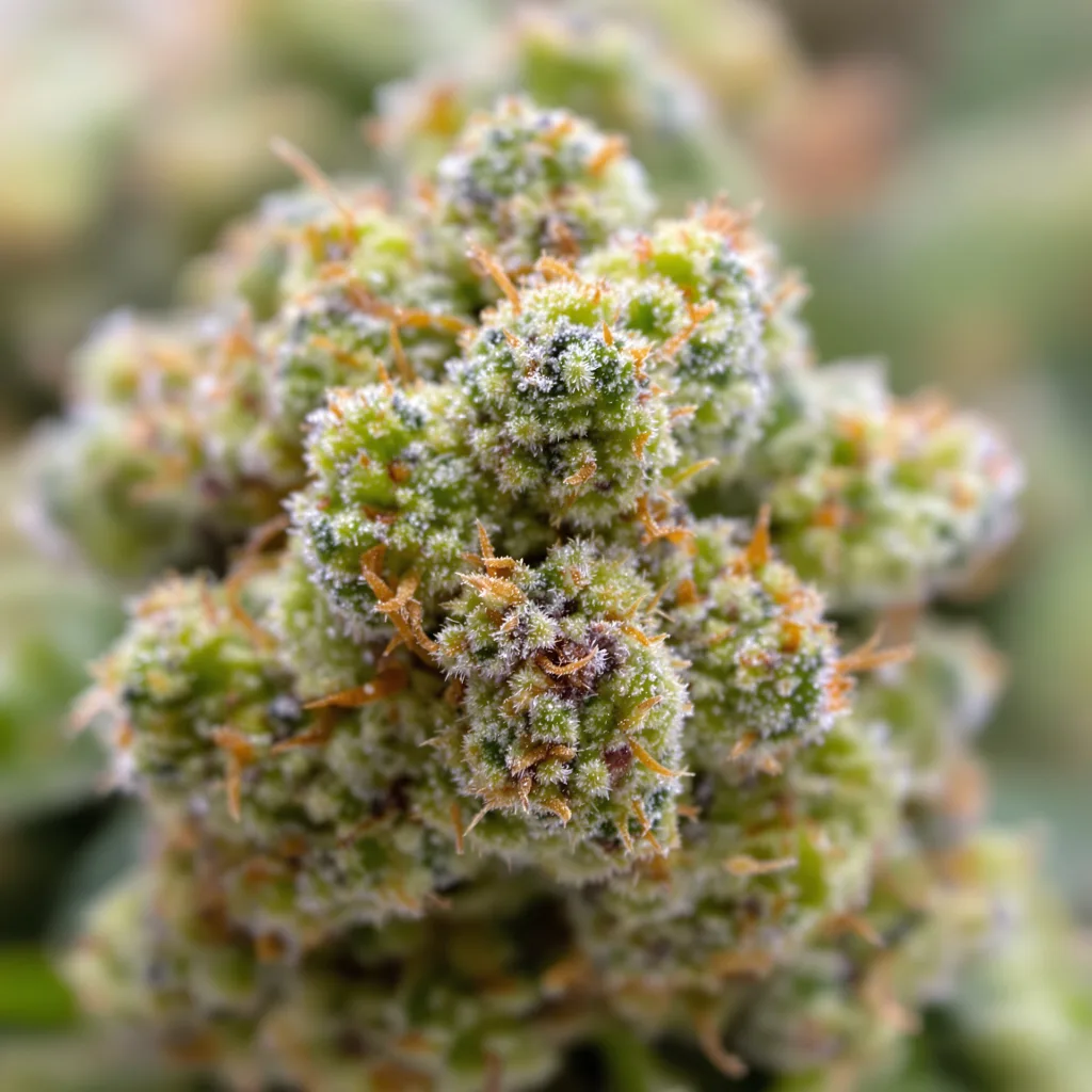 Gros plan de fleur de cannabis Raspberry Cough Kush montrant structure aérée vert lime