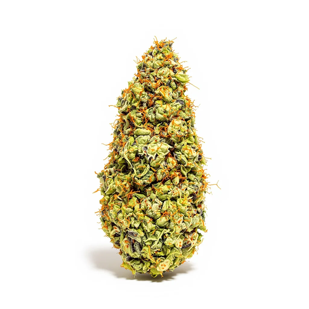 Raspberry Cough Kush 21% indica / 79% sativa — fleur avec trichomes visibles
