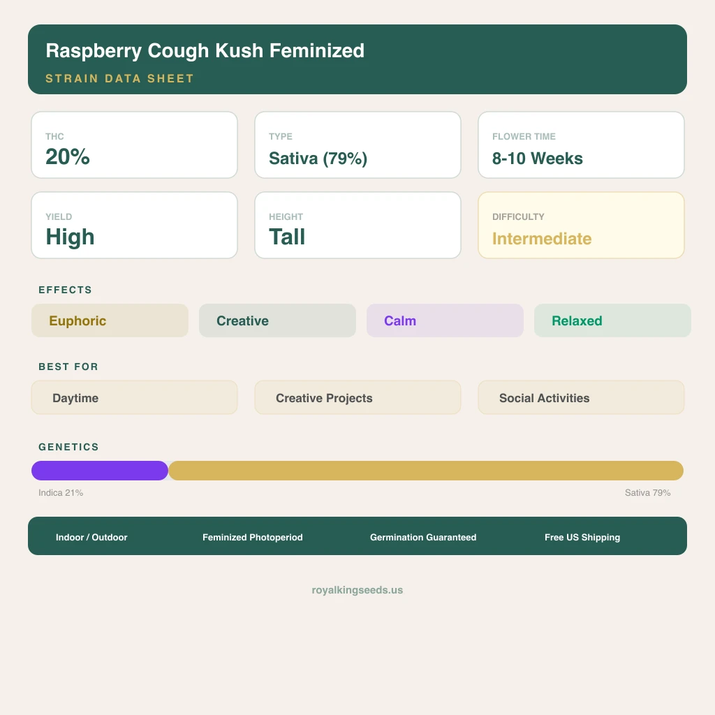 Raspberry Cough Kush 21% indica / 79% sativa — fleur avec trichomes visibles