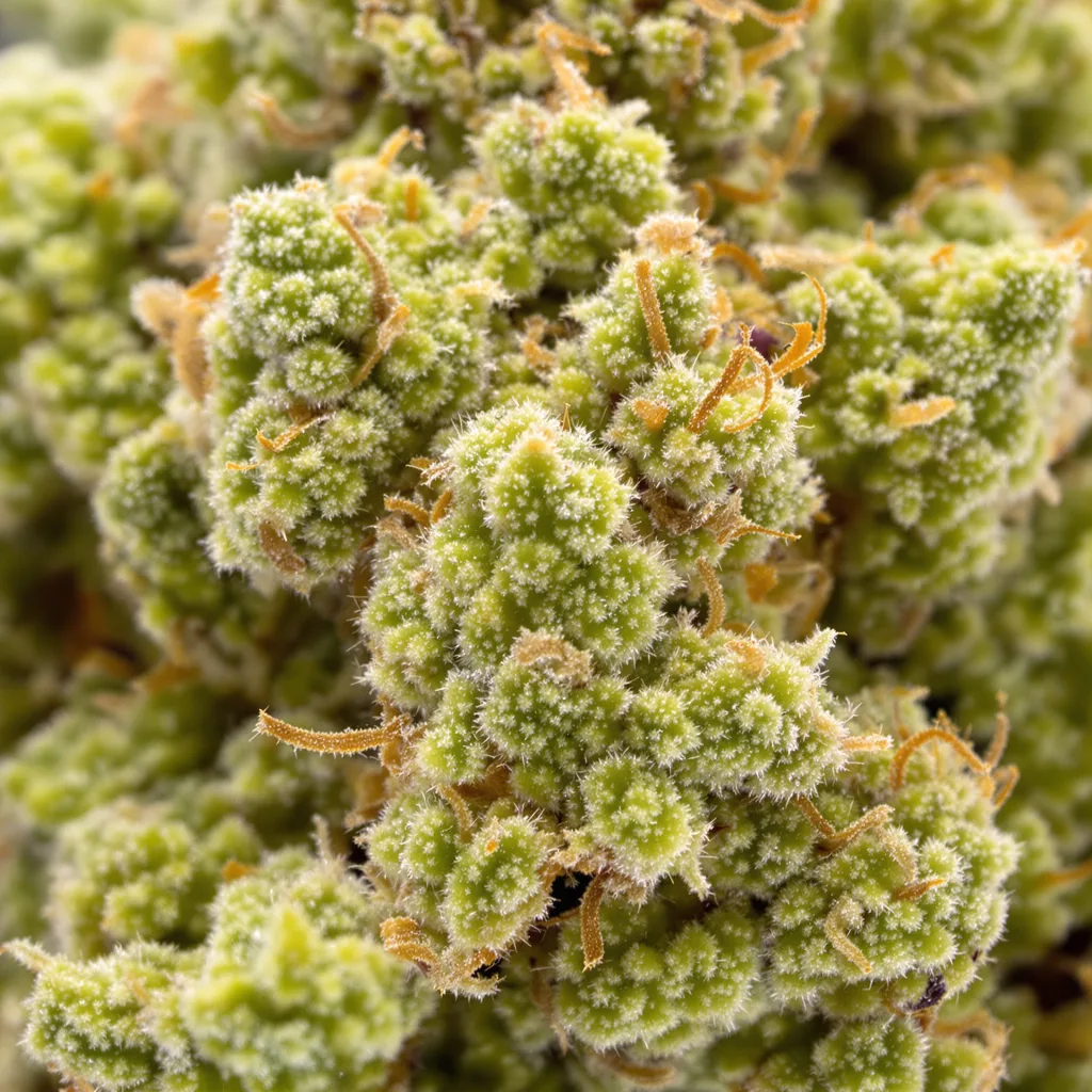 Gros plan de fleur de cannabis Raspberry Cough Kush montrant structure aérée vert lime
