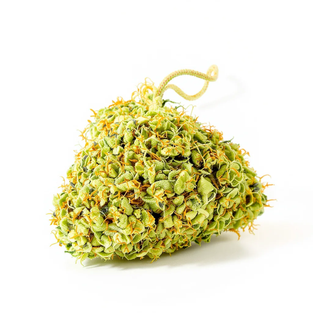 Raspberry Cough Kush 21% indica / 79% sativa — fleur avec trichomes visibles