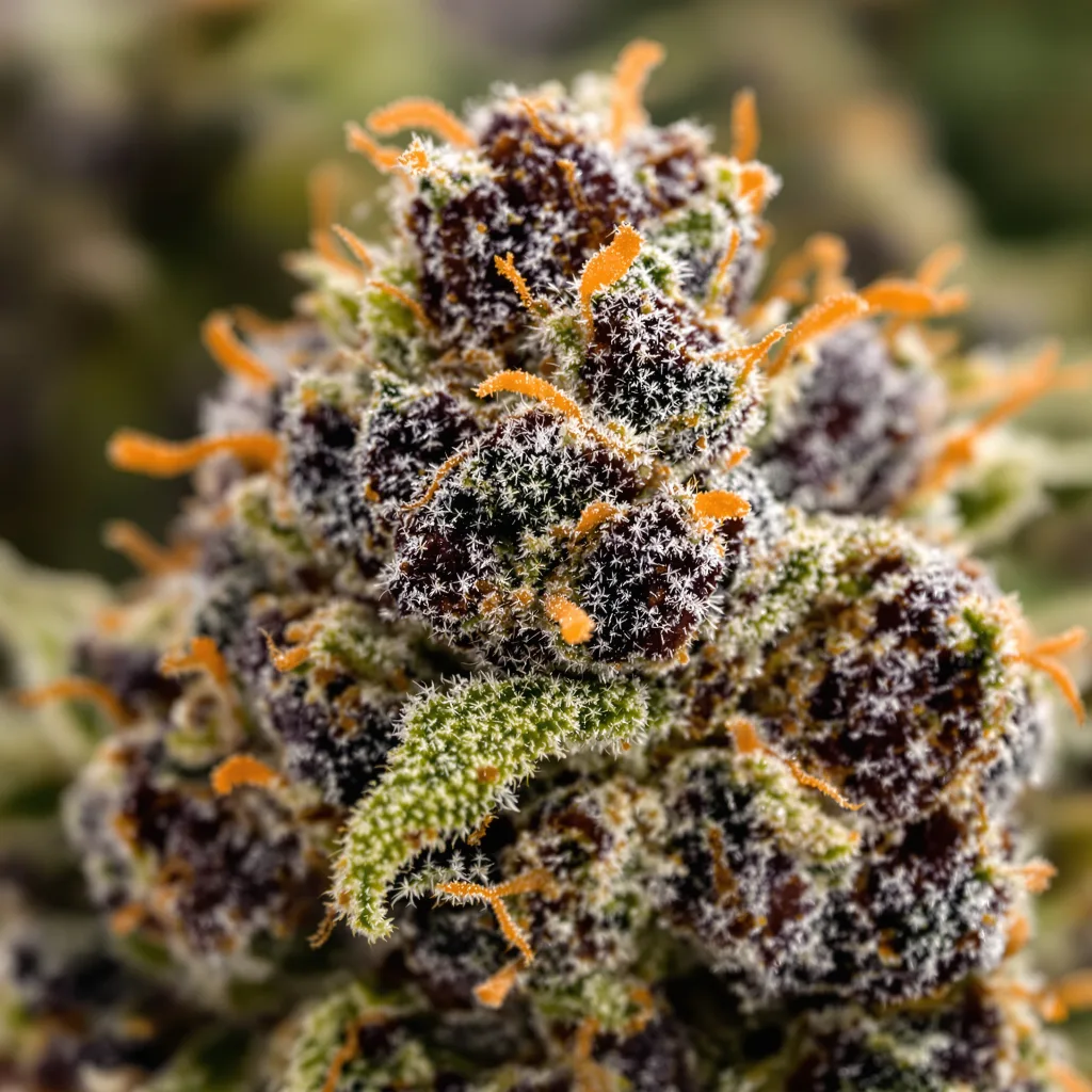 Gros plan de fleur de cannabis Ray Charles montrant calices denses aux reflets violets