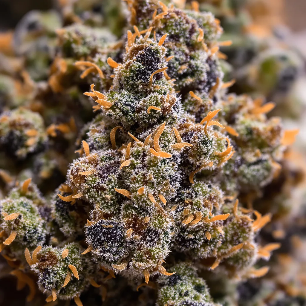 Gros plan de fleur de cannabis Reclining Buddha montrant calices denses aux reflets violets