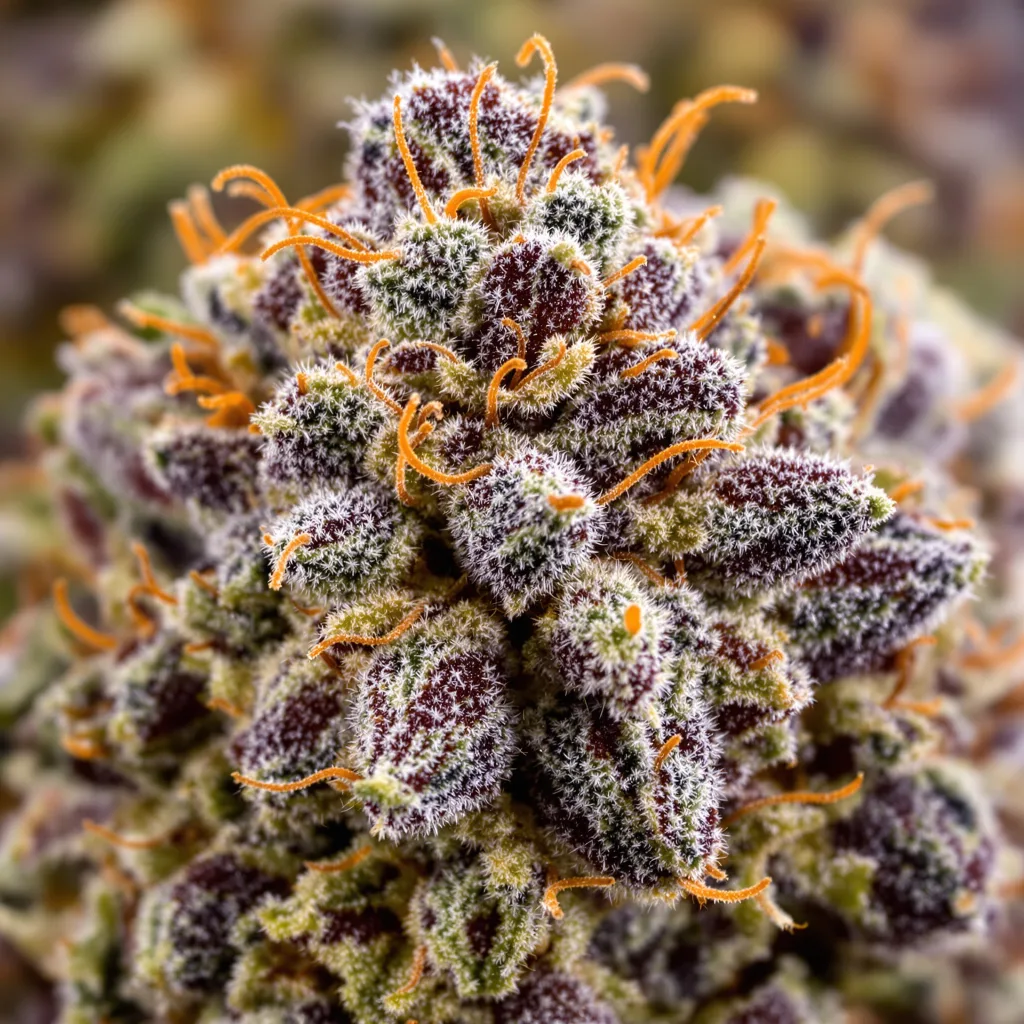 Gros plan de fleur de cannabis Red Bruce montrant calices denses aux reflets violets
