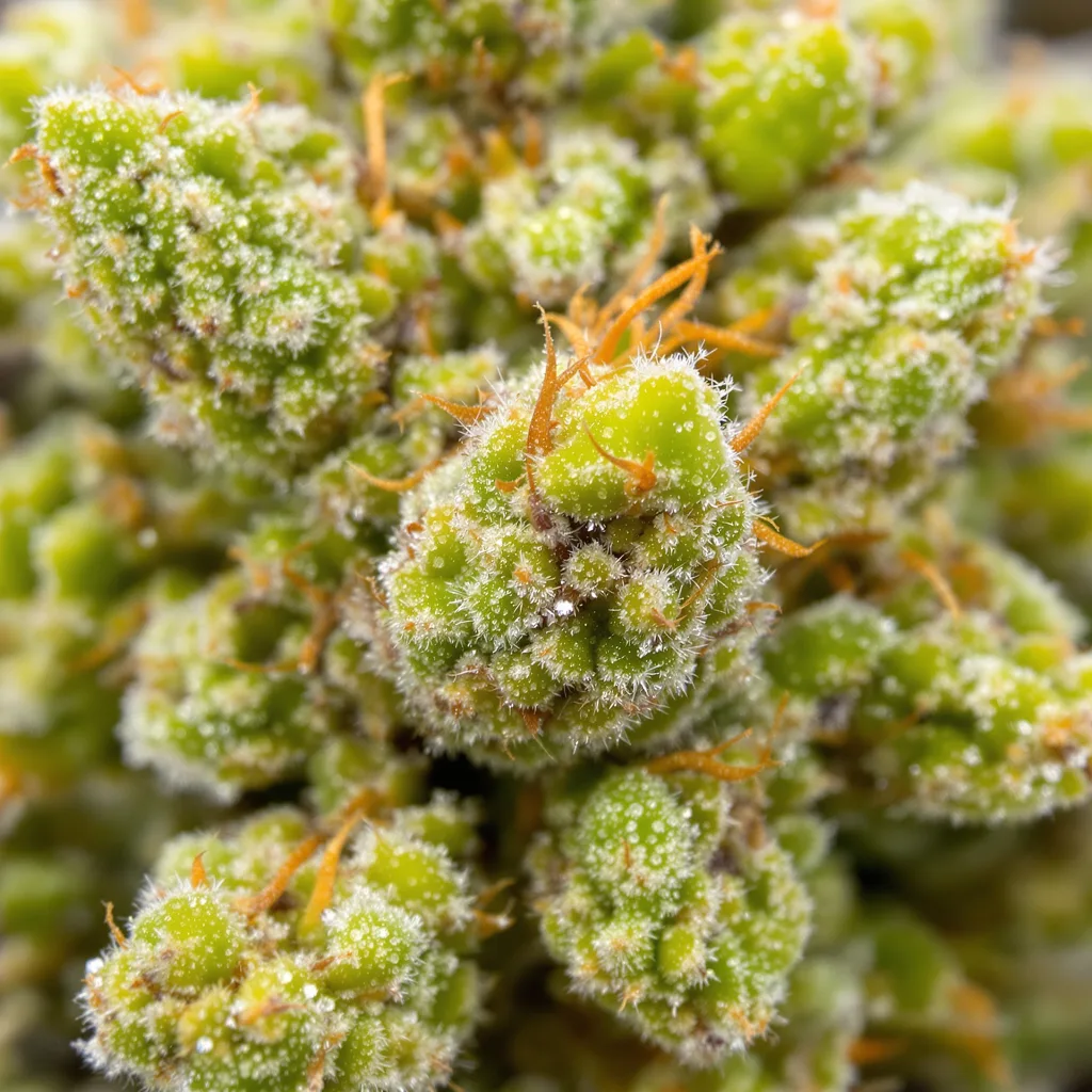 Gros plan de fleur de cannabis Red Congolese montrant structure aérée vert lime