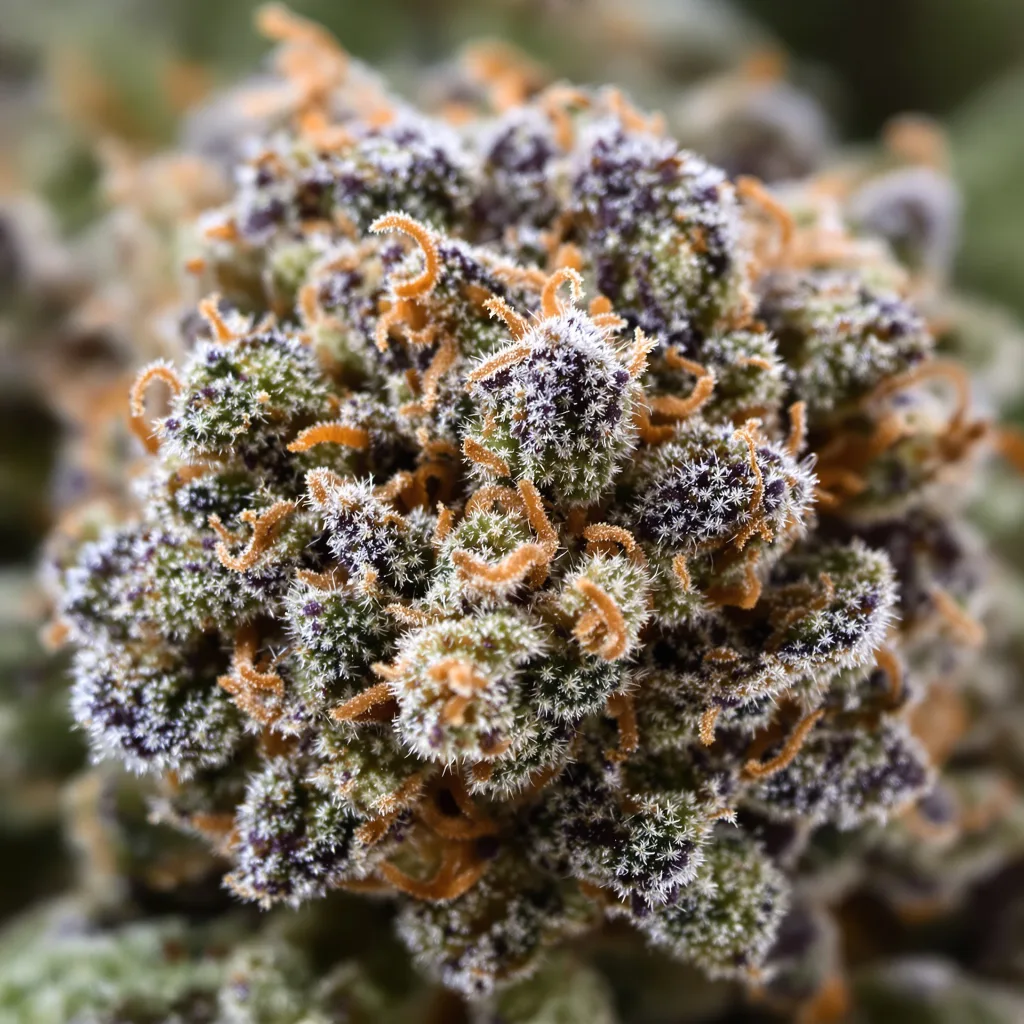 Gros plan de fleur de cannabis Red Dwarf montrant calices denses aux reflets violets