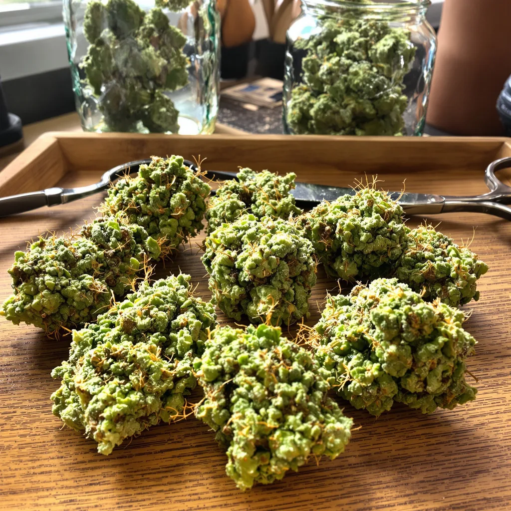 Red Headed Stranger 8% indica / 92% sativa — fleur avec trichomes visibles
