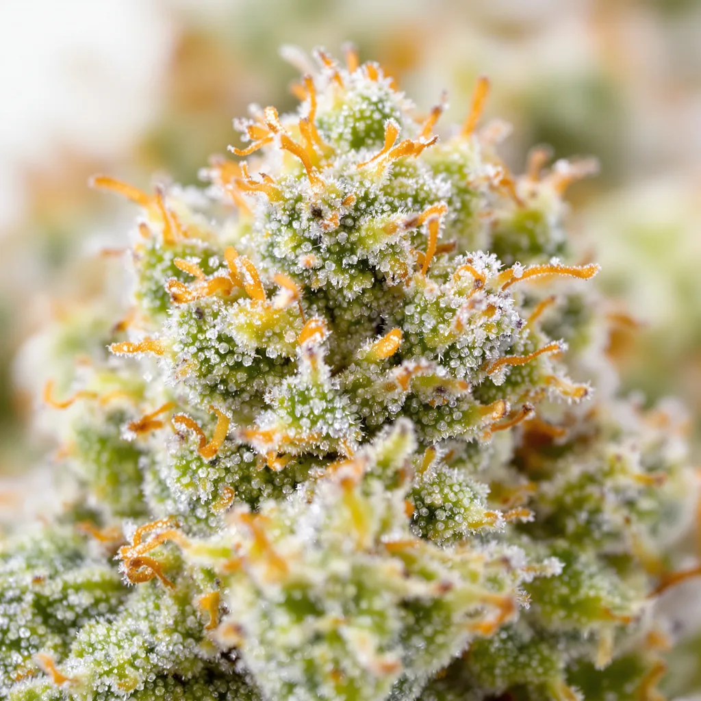 Gros plan de fleur de cannabis Red Headed Stranger montrant structure aérée vert lime