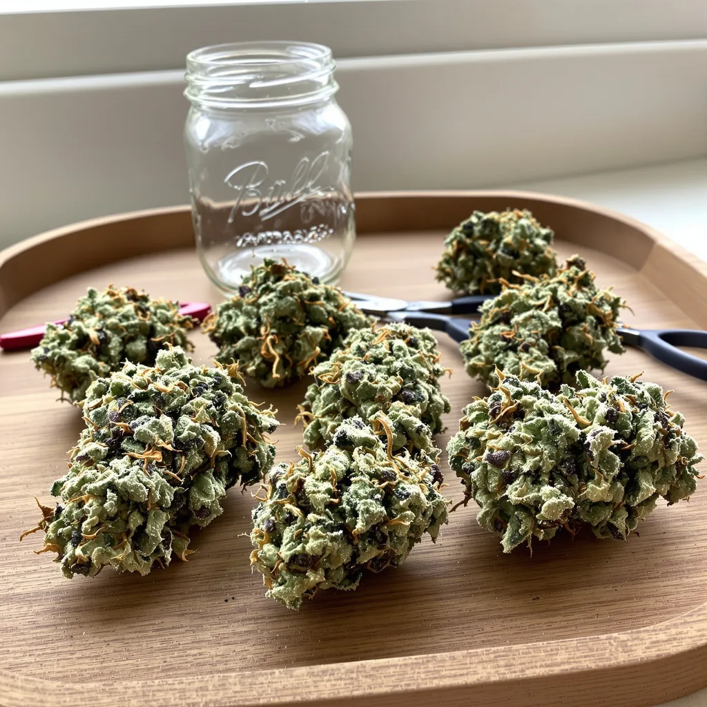 Red Widow 47% indica / 53% sativa — fleur avec trichomes visibles