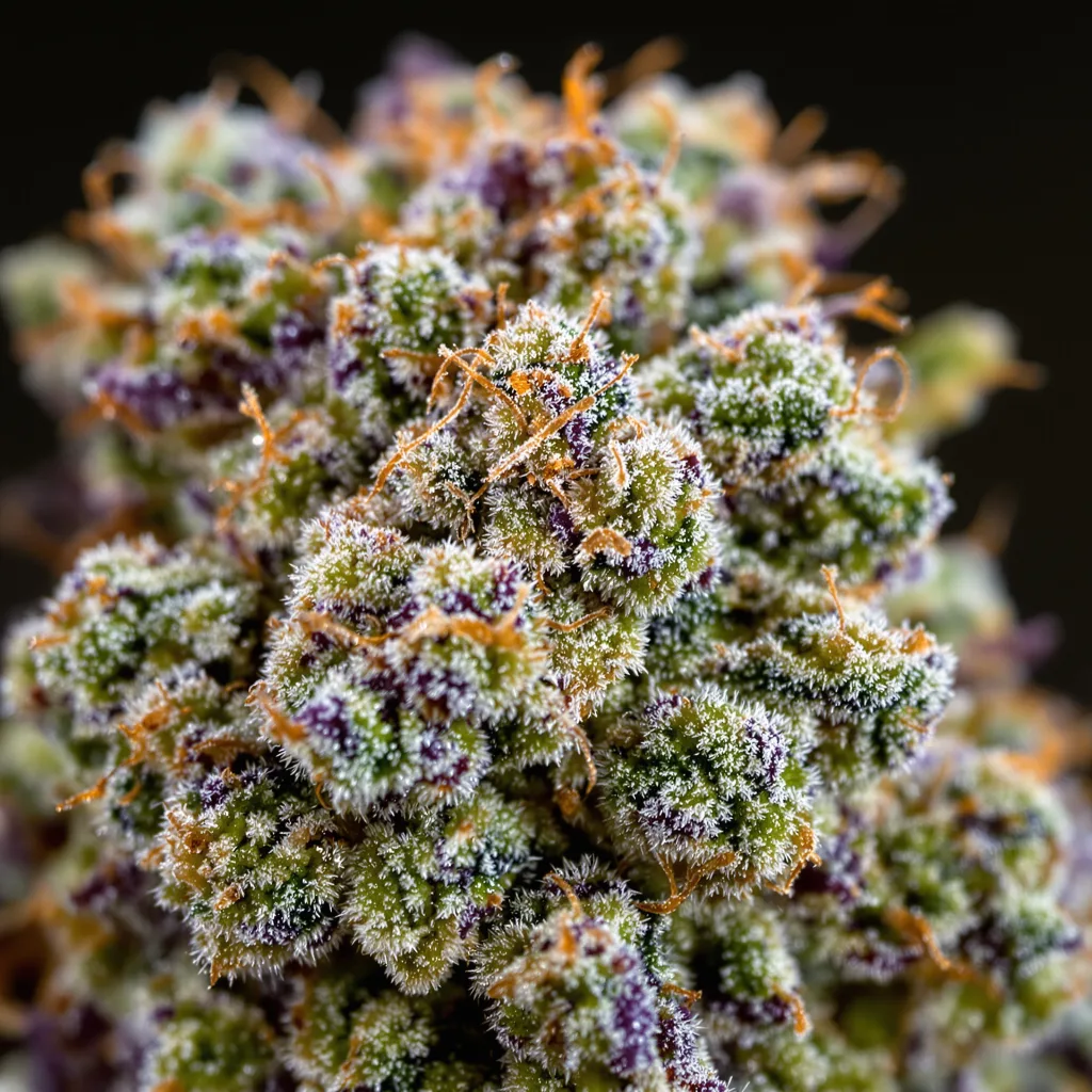 Gros plan de fleur de cannabis Red Widow montrant structure équilibrée avec trichomes givrés