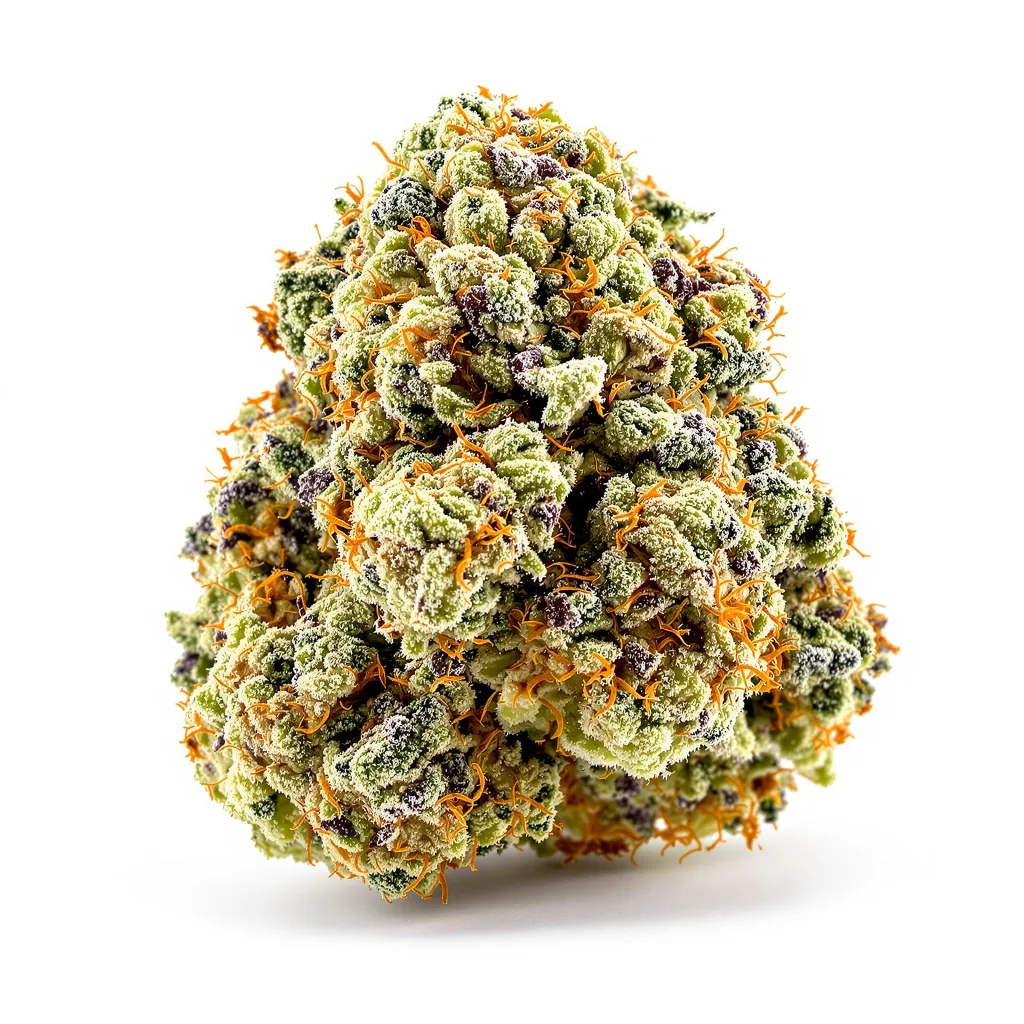 Red Widow 47% indica / 53% sativa — fleur avec trichomes visibles