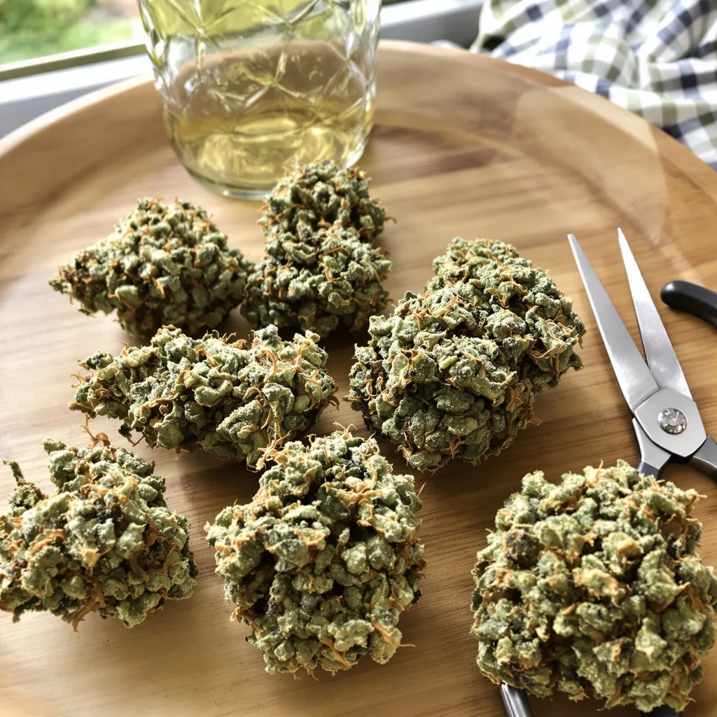 Red Widow 47% indica / 53% sativa — fleur avec trichomes visibles