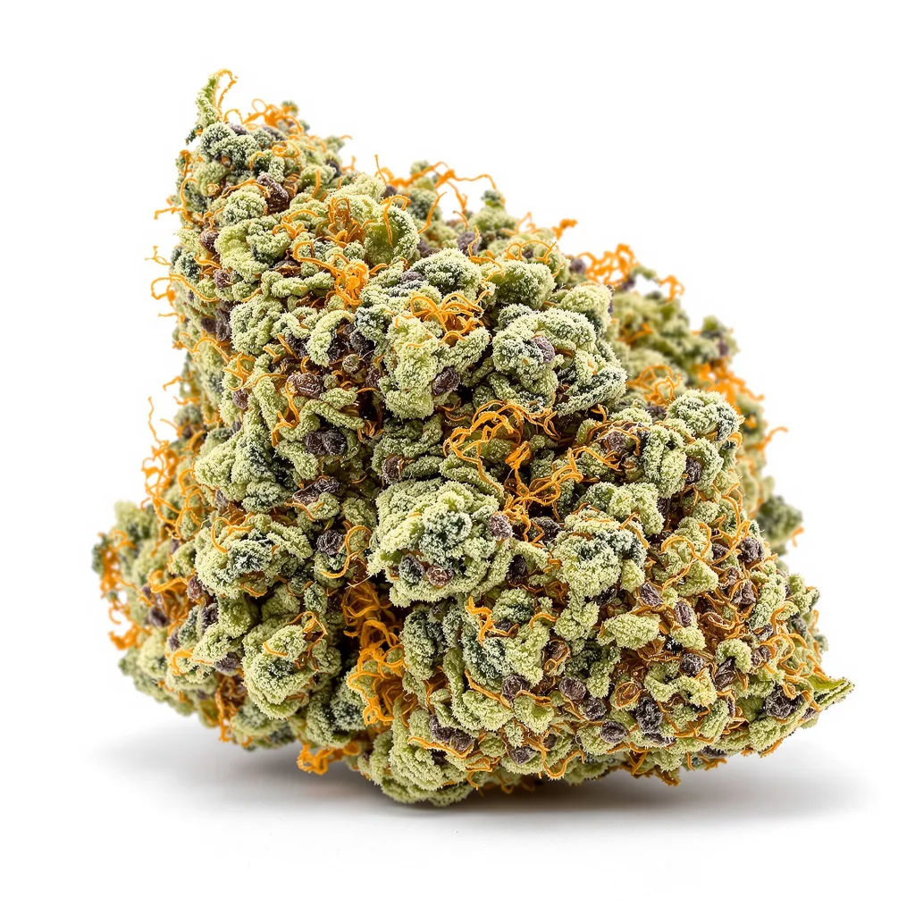 Red Widow 47% indica / 53% sativa — fleur avec trichomes visibles