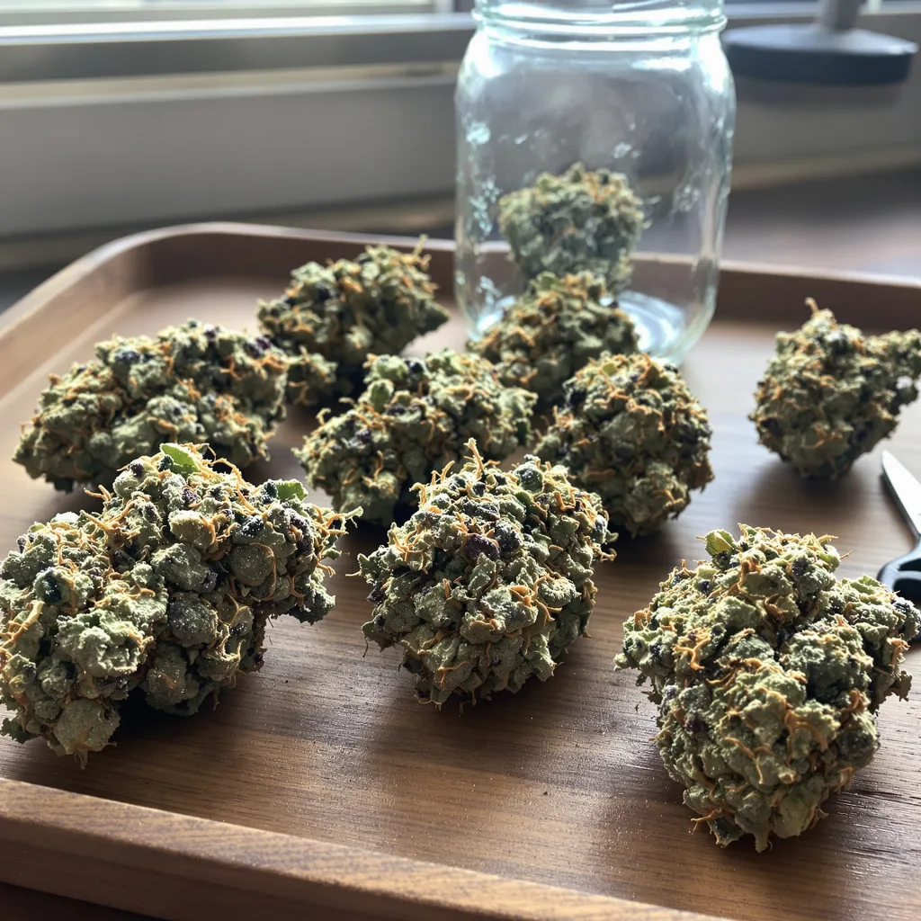 Redwood Kush 47% indica / 53% sativa — fleur avec trichomes visibles