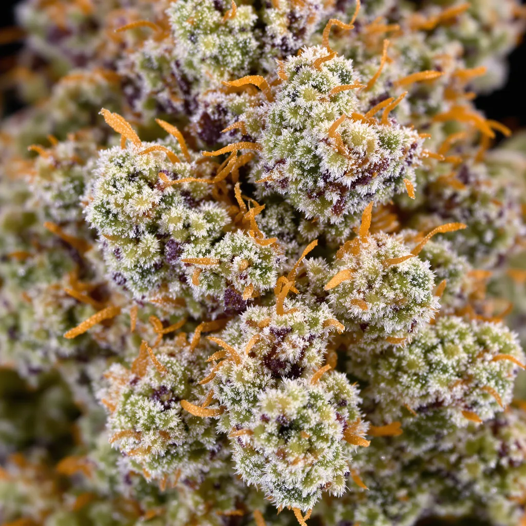 Gros plan de fleur de cannabis Reign Man montrant structure équilibrée avec trichomes givrés