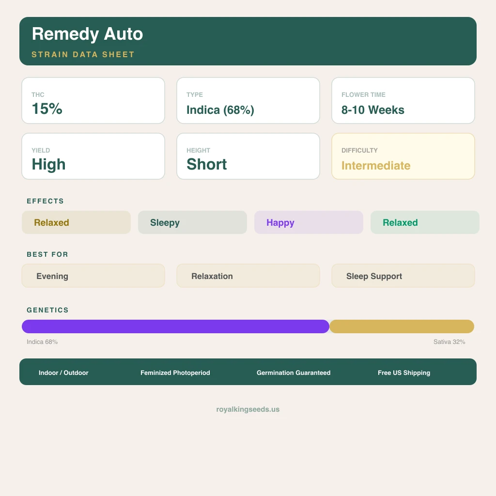 Remedy 68% indica / 32% sativa — fleur avec trichomes visibles
