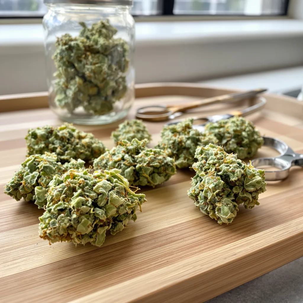 Remedy CBD 50% indica / 50% sativa — fleur avec trichomes visibles
