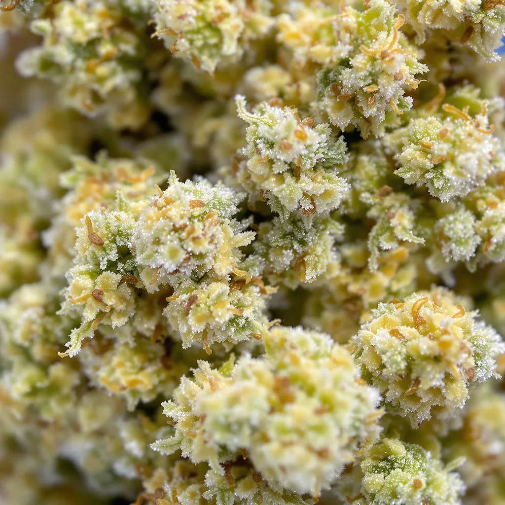 Gros plan de fleur de cannabis Remedy CBD montrant fleur claire à faible résine