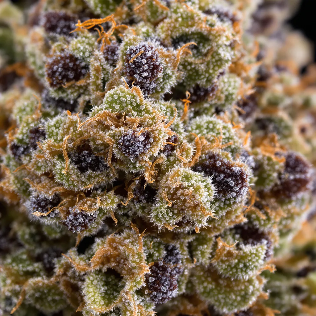 Gros plan de fleur de cannabis Remedy montrant calices denses aux reflets violets