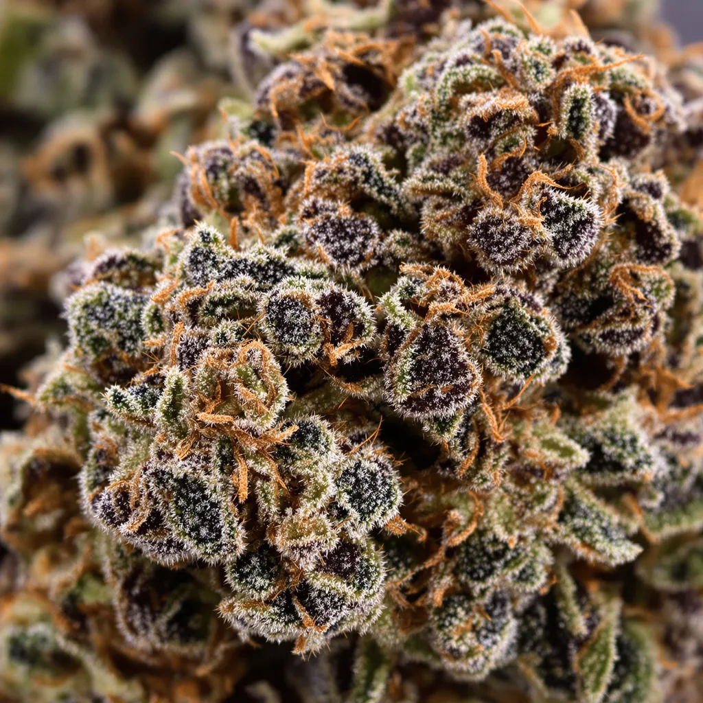 Gros plan de fleur de cannabis Remo Chemo montrant calices denses aux reflets violets