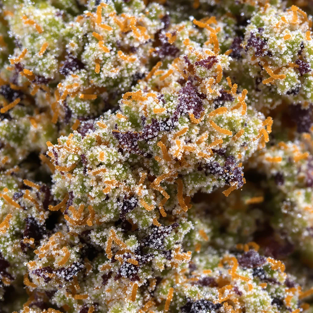 Gros plan de fleur de cannabis Rene Mist montrant structure équilibrée avec trichomes givrés
