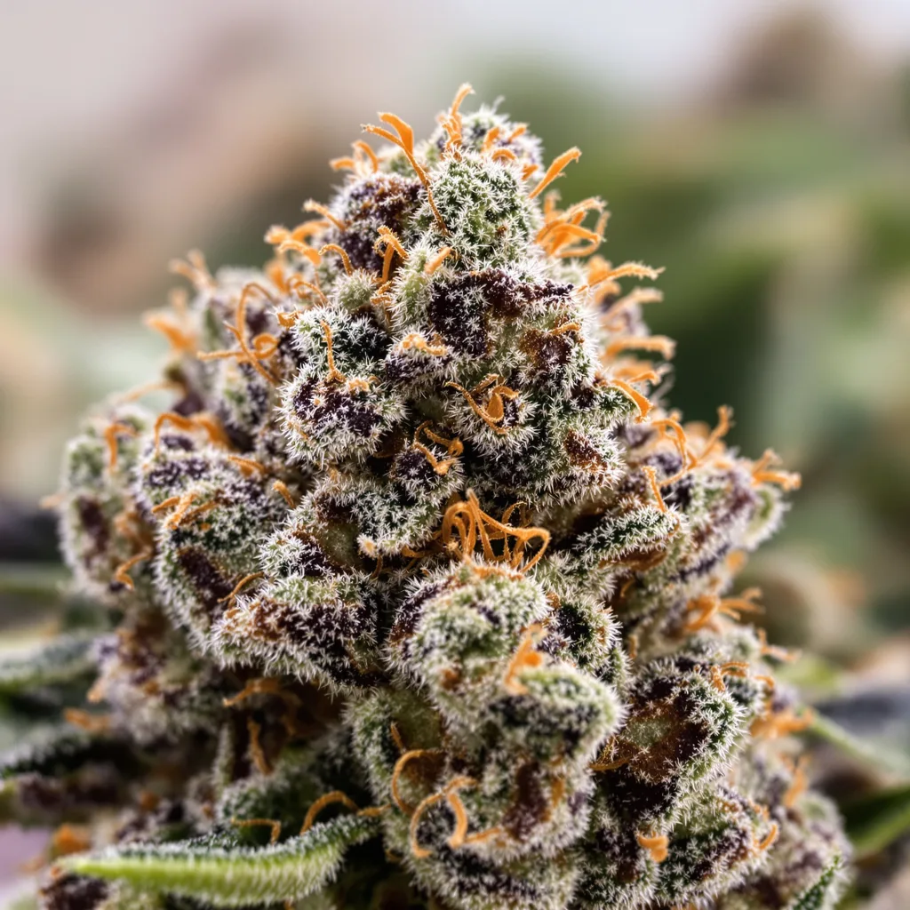 Gros plan de fleur de cannabis Reserve L.A.K. Federal montrant calices denses aux reflets violets