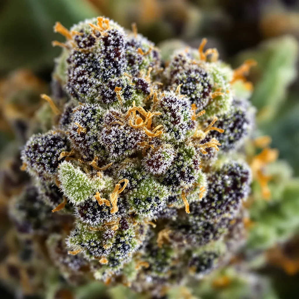 Gros plan de fleur de cannabis Rip City Purps montrant calices denses aux reflets violets