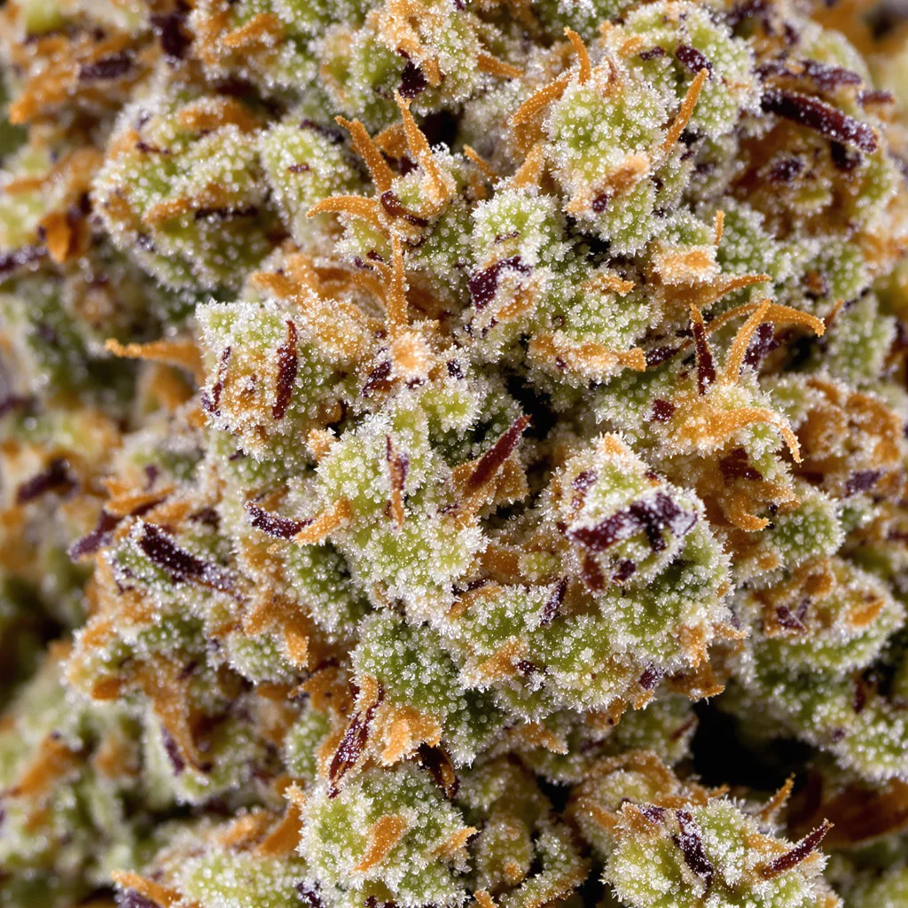 Gros plan de fleur de cannabis Ripped Bubba montrant structure équilibrée avec trichomes givrés