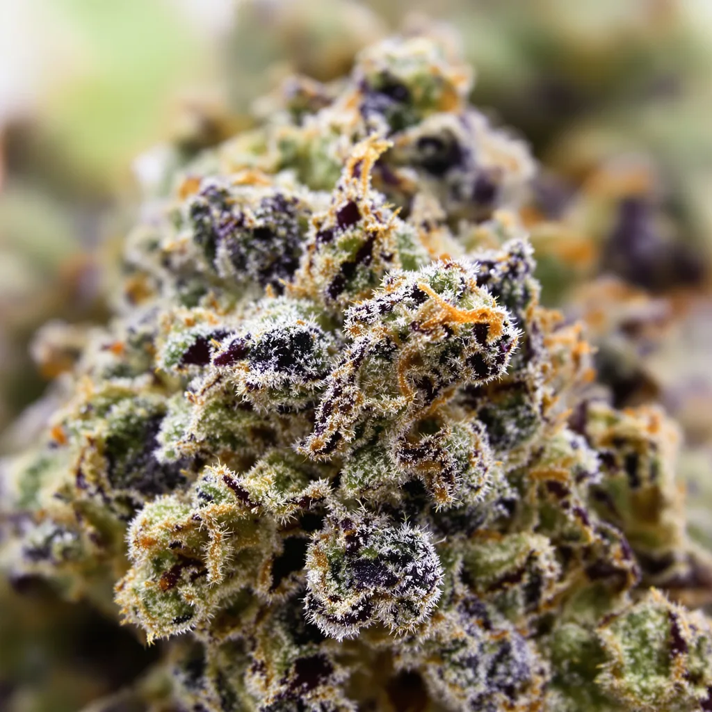 Gros plan de fleur de cannabis Rob Ford Kush montrant calices denses aux reflets violets