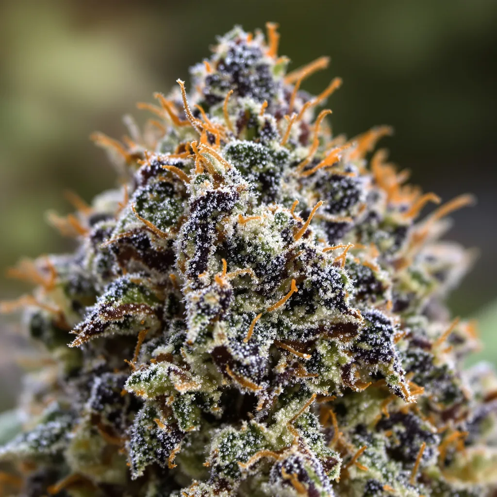 Gros plan de fleur de cannabis Rockbud montrant calices denses aux reflets violets
