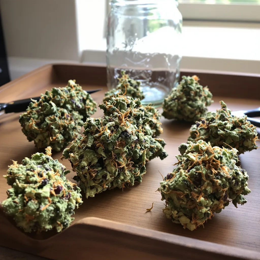 Rocklock 48% indica / 52% sativa — fleur avec trichomes visibles