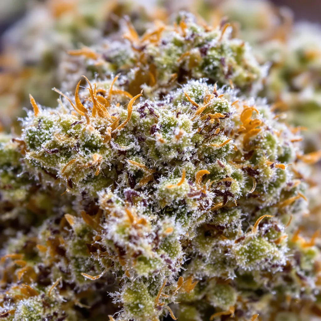 Gros plan de fleur de cannabis Rocklock montrant structure équilibrée avec trichomes givrés
