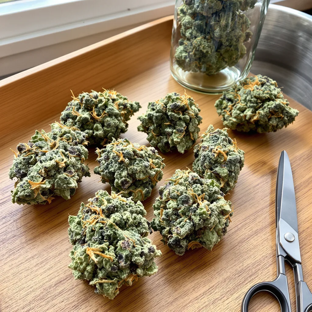 Rockstar 50% indica / 50% sativa — fleur avec trichomes visibles
