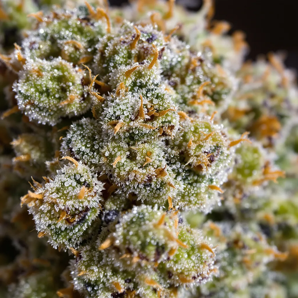 Gros plan de fleur de cannabis Rockstar montrant structure équilibrée avec trichomes givrés