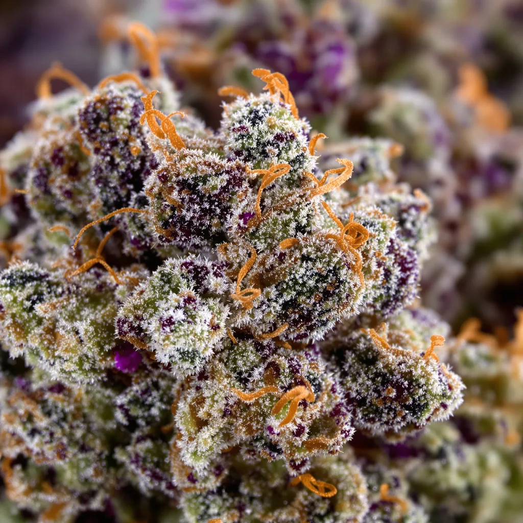 Gros plan de fleur de cannabis Rocky Mountain Blueberry montrant calices denses aux reflets violets