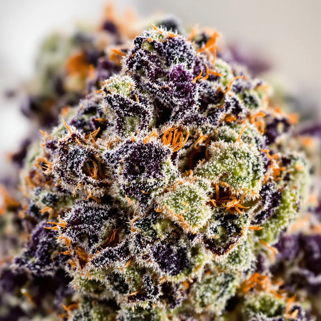 Gros plan de fleur de cannabis Rollex OG Kush montrant calices denses aux reflets violets