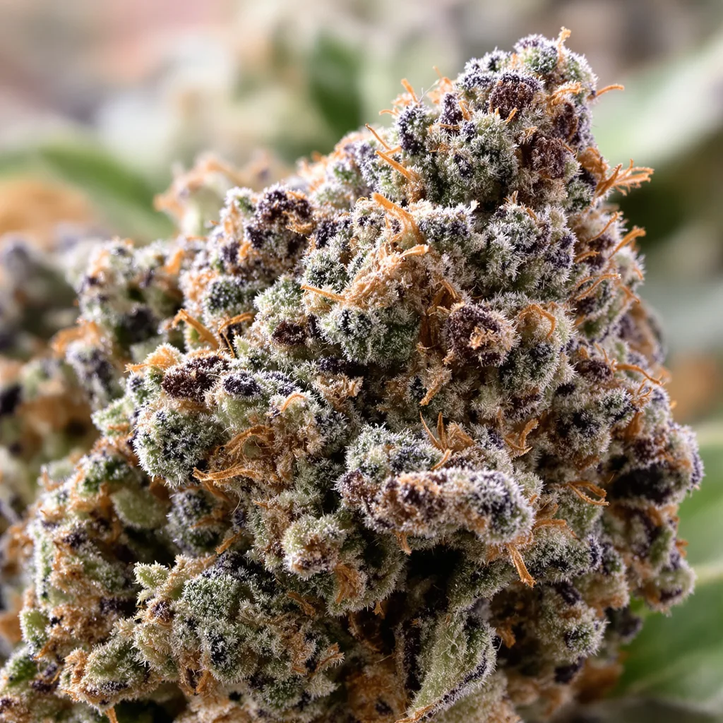 Gros plan de fleur de cannabis Romulan montrant calices denses aux reflets violets