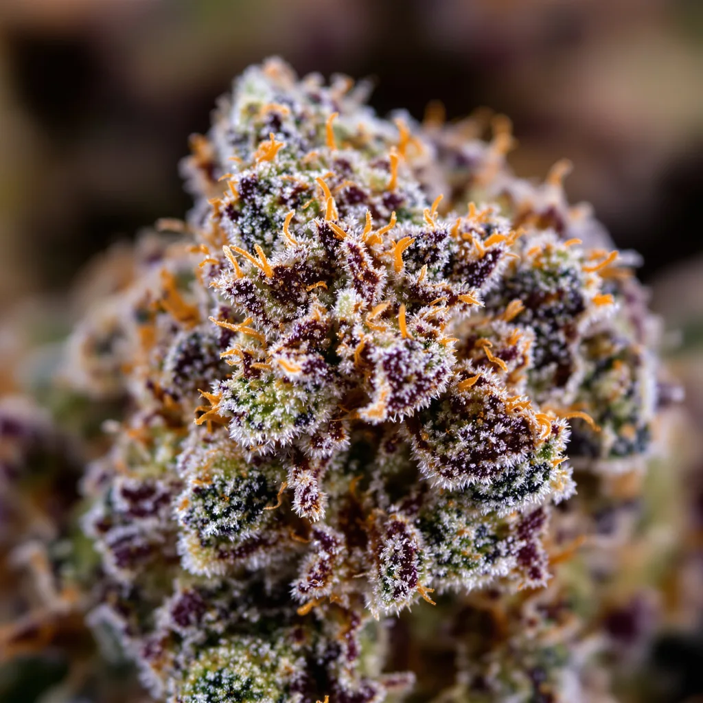 Gros plan de fleur de cannabis Rose Bud montrant calices denses aux reflets violets