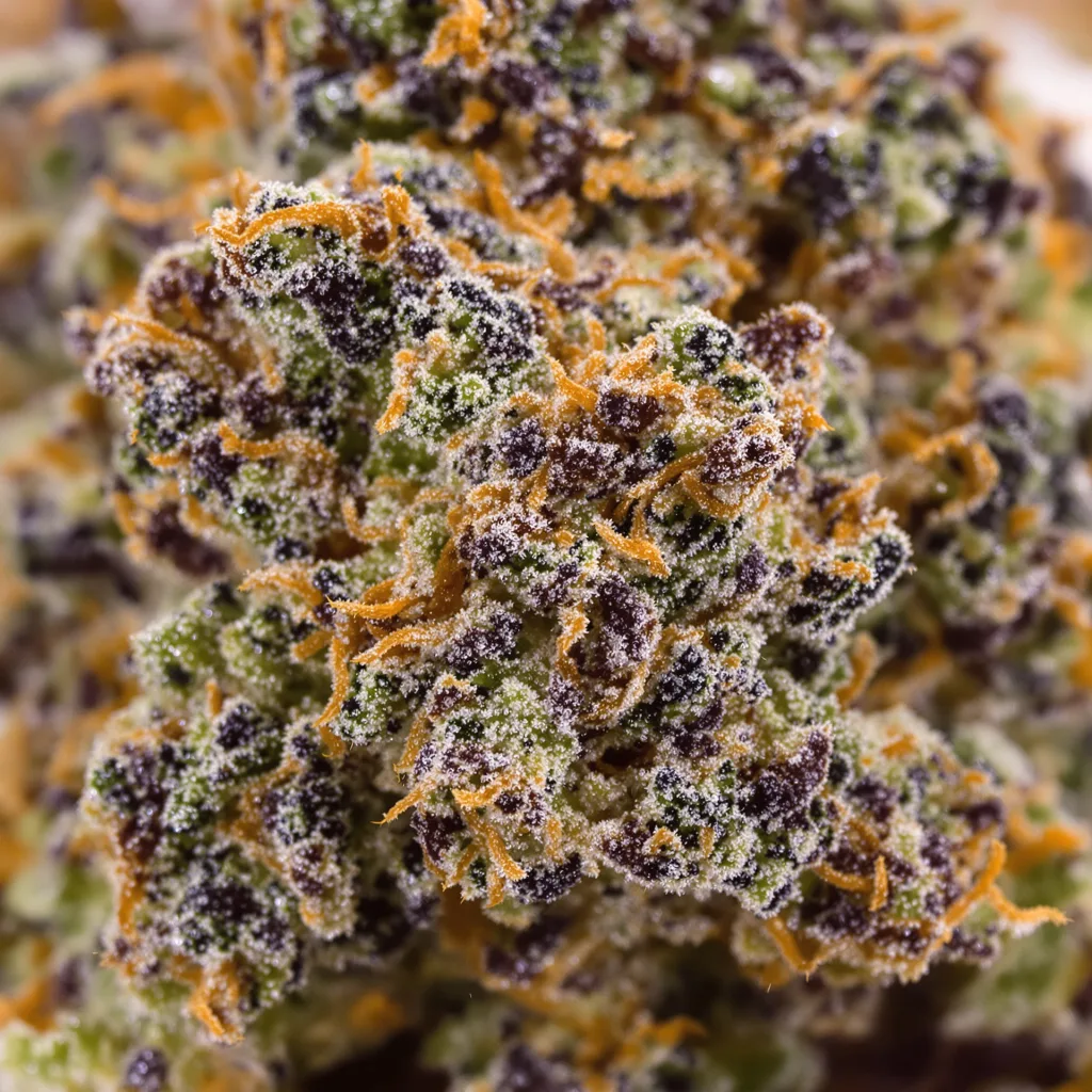 Gros plan de fleur de cannabis Royal Cheese montrant calices denses aux reflets violets