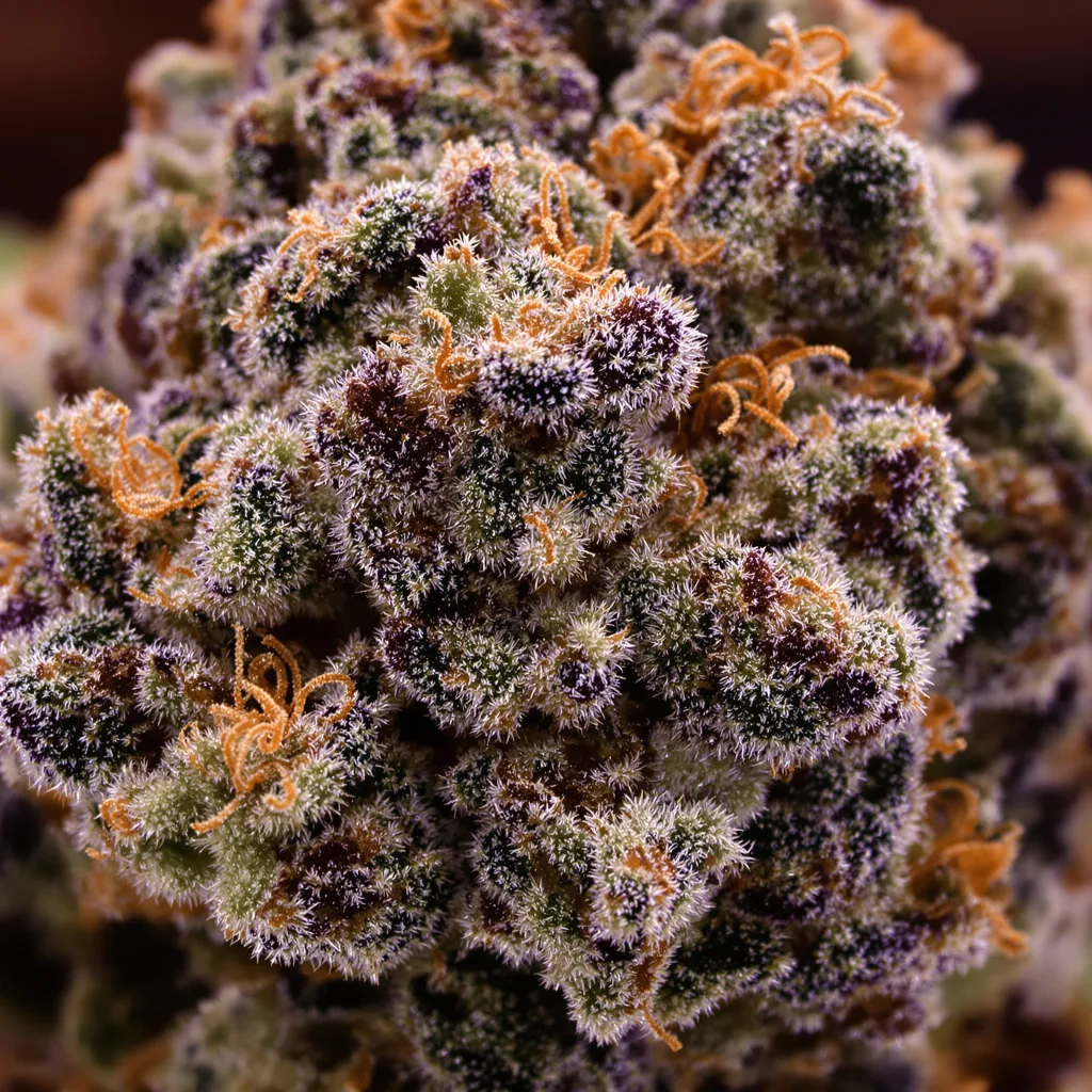 Gros plan de fleur de cannabis Royal Cheese montrant calices denses aux reflets violets