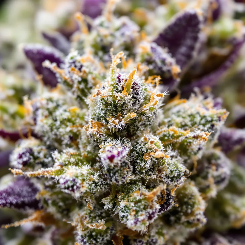 Gros plan de fleur de cannabis Royal Gorilla montrant structure équilibrée avec trichomes givrés
