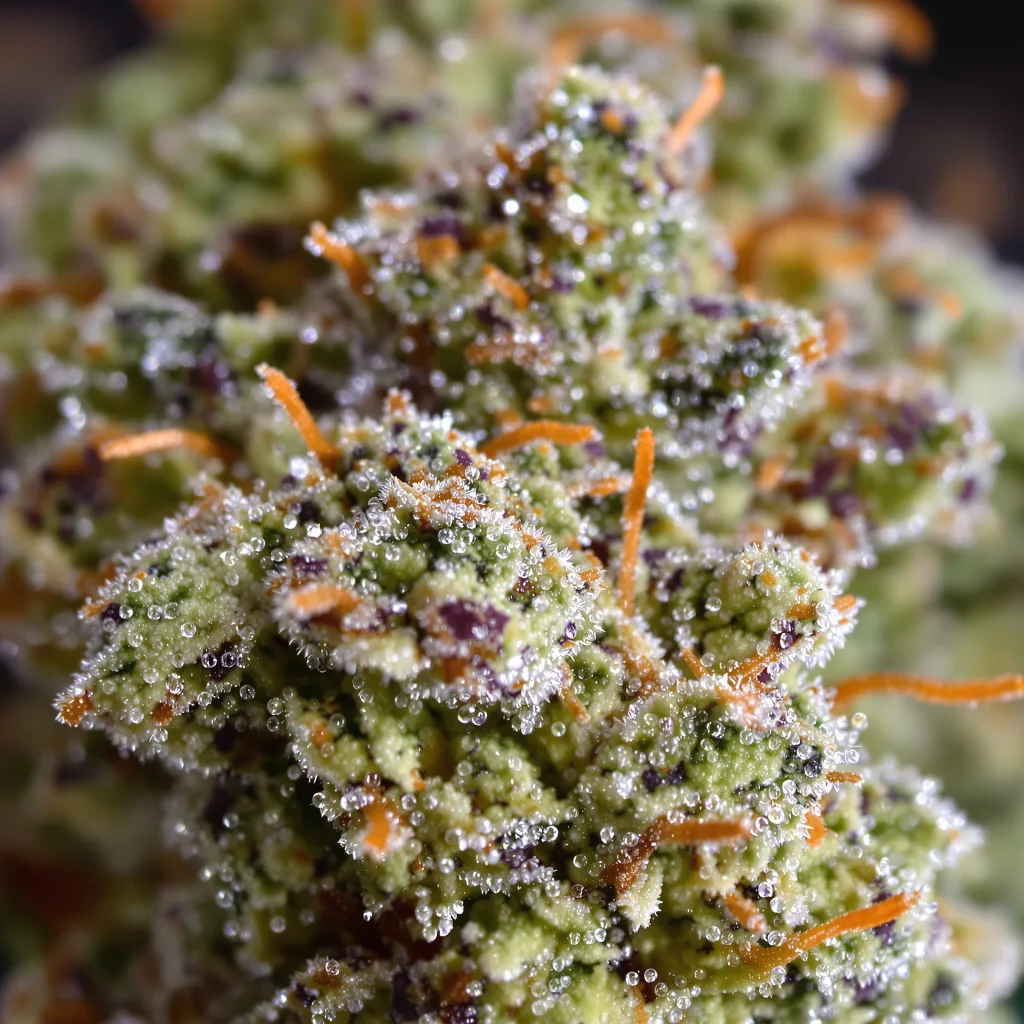 Gros plan de fleur de cannabis Royal Highness montrant nugs denses vert forêt