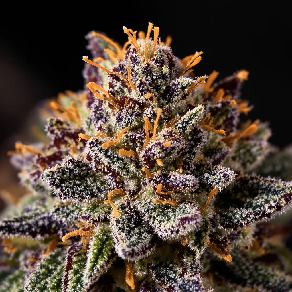 Gros plan de fleur de cannabis Royal Kush montrant calices denses aux reflets violets